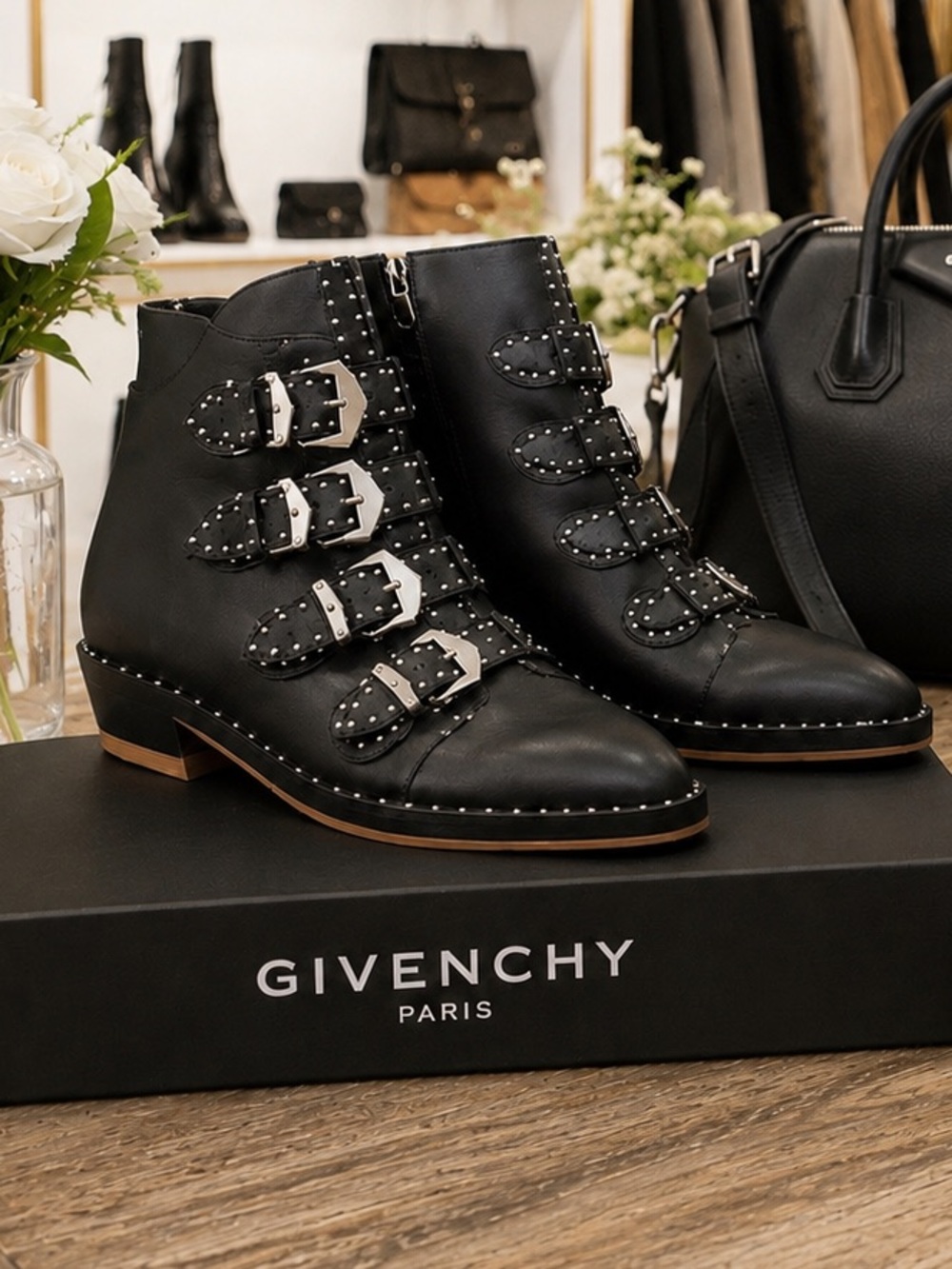 New Givenchy Prue Black Studded Buckle Ankle Boots
